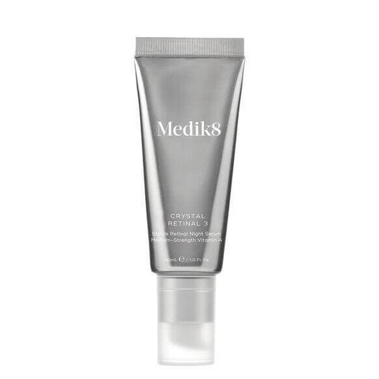 Medik8 Crystal Retinal 3 Serum in a silver tube, promoting anti-aging and skin hydration, 30ml.