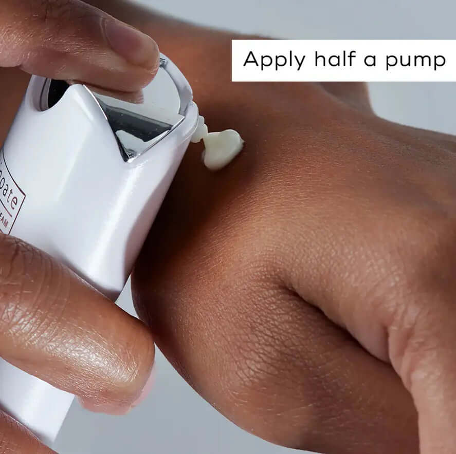 Applying Medik8 R-Retinoate Day & Night Eye Serum on skin, showcasing half a pump dosage.