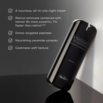 Medik8 r-Retinoate Intense night cream featuring advanced retinoids for anti-aging benefits and a luxuriously soft texture.