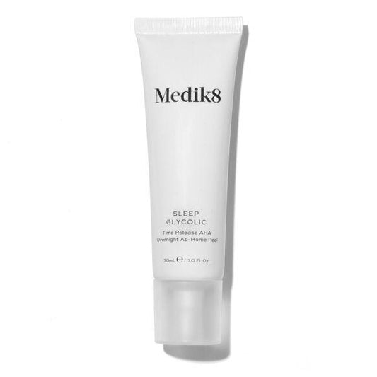 Medik8 Sleep Glycolic 30ml tube for at-home facial peel, brightens and smooths skin with glycolic acid.