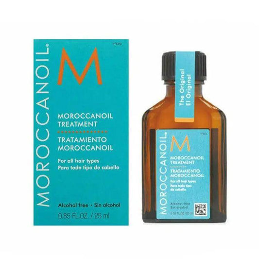 Moroccanoil Treatment 25ml for all hair types, alcohol-free formula for shine and conditioning.
