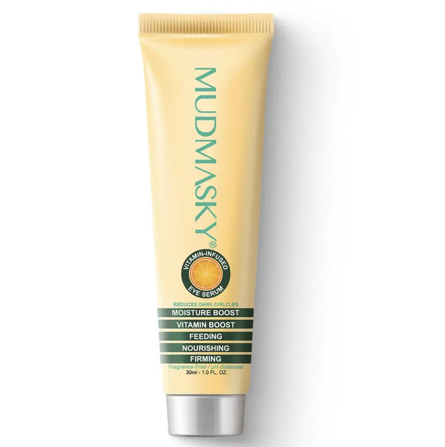 MUDMASKY Vitamin-Infused Eye Serum tube for nourishing, firming, and moisturizing all skin types, made in Amsterdam.