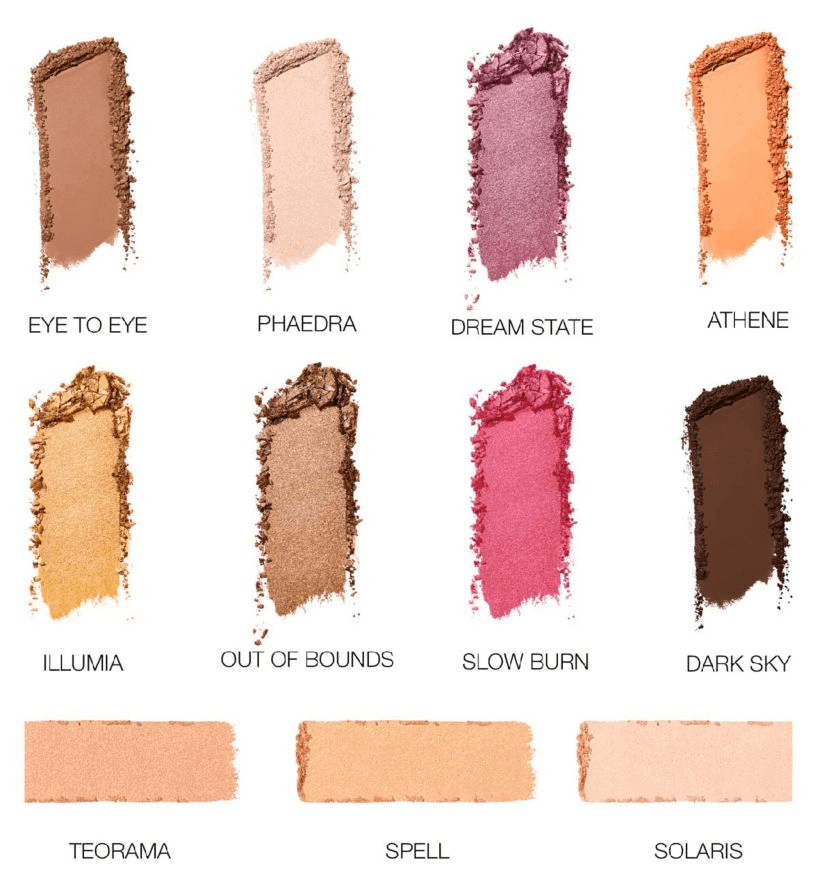 Swatches of Nars Euphoria Face Palette shades: Eye to Eye, Phaedra, Dream State, Athene, Illumia, Out of Bounds, Slow Burn, Dark Sky, Teorama, Spell, Solaris.