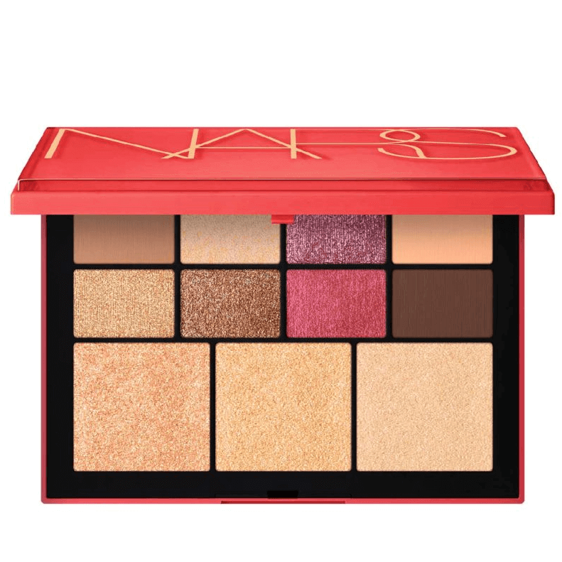 Nars Euphoria Face Palette featuring eight eyeshadows and three highlighter shades in a sleek red case.