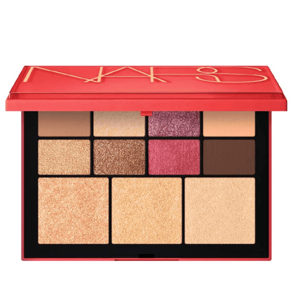 Nars Euphoria Face Palette featuring eight eyeshadows and three highlighter shades in a sleek red case.