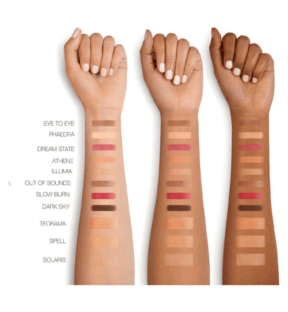 Swatches of Nars Euphoria Face Palette shades on three arms, showcasing a variety of colors and finishes.