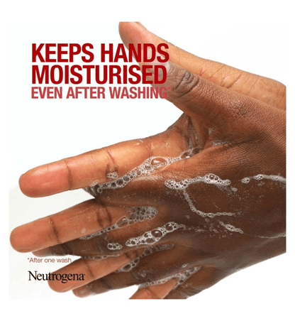 A hand washing with water, showcasing Neutrogena's moisturizing effect after washing, emphasizing dry skin relief.