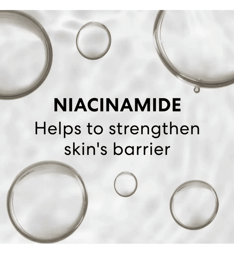 Graphic illustrating Niacinamide benefits for enhancing skin barrier strength with floating bubbles.