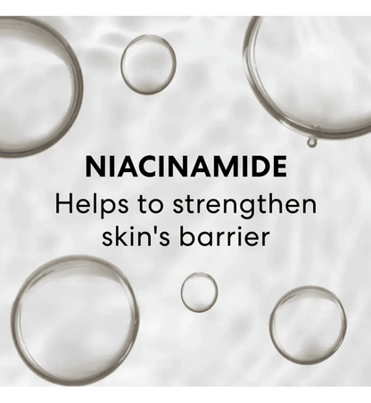 Graphic illustrating Niacinamide benefits for enhancing skin barrier strength with floating bubbles.