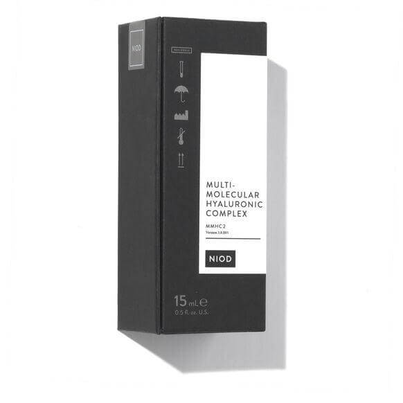 NIOD Multi-Molecular Hyaluronic Complex 15ml packaging, hydration serum with 15 forms of hyaluronic compounds.