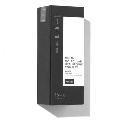NIOD Multi-Molecular Hyaluronic Complex 15ml packaging, hydration serum with 15 forms of hyaluronic compounds.