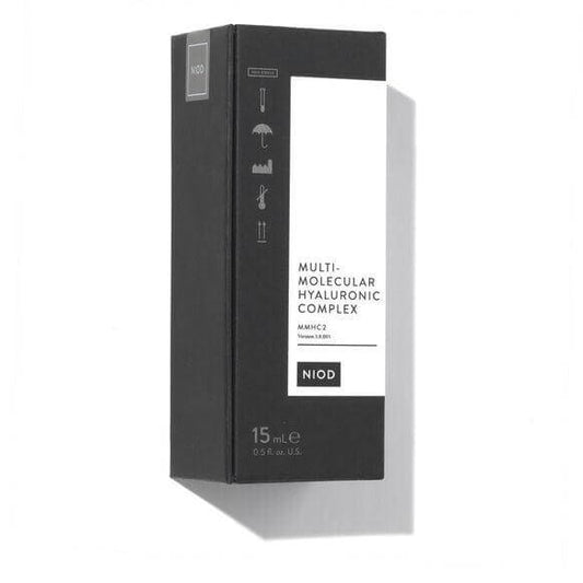 NIOD Multi-Molecular Hyaluronic Complex 15ml packaging, hydration serum with 15 forms of hyaluronic compounds.