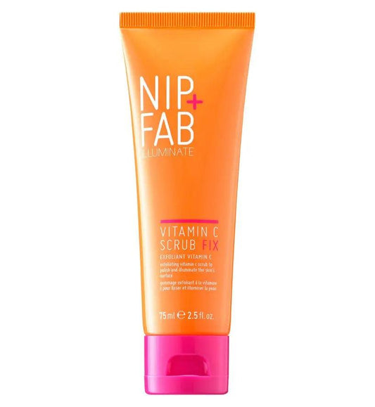 Nip+Fab Vitamin C Scrub 75ml tube packaging, energising exfoliating scrub ideal for brightening skin.