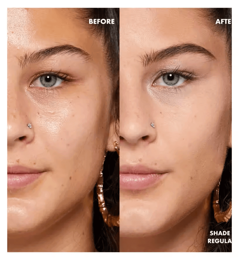 Before and after using NYX Blurring Vitamin E Infused Pore Filler Primer, showcasing smoother skin texture.