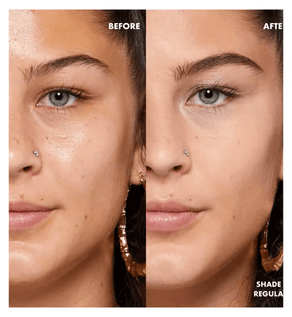 Before and after using NYX Blurring Vitamin E Infused Pore Filler Primer, showcasing smoother skin texture.