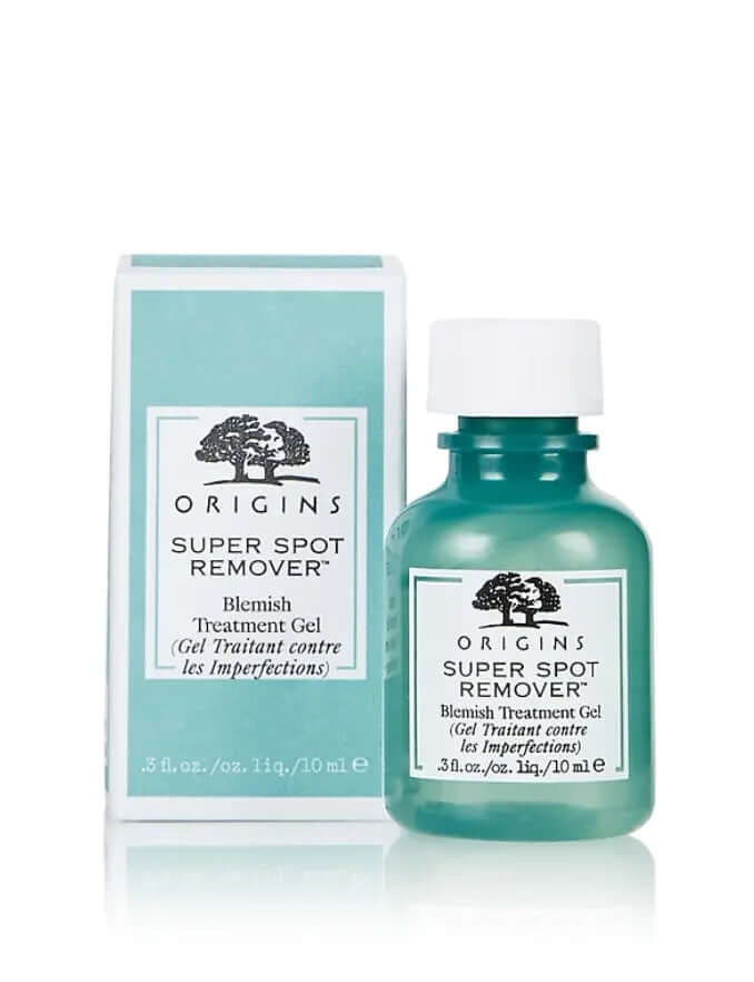 Origins Super Spot Remover Blemish Treatment Gel 10ml in a teal bottle with a white cap and box packaging.
