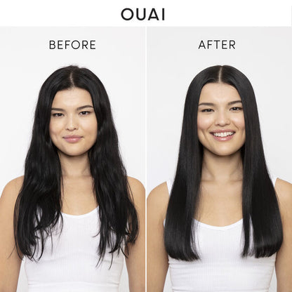 Before and after images showing OUAI Treatment Mask results on hair, transforming damaged hair into smooth, healthy strands.