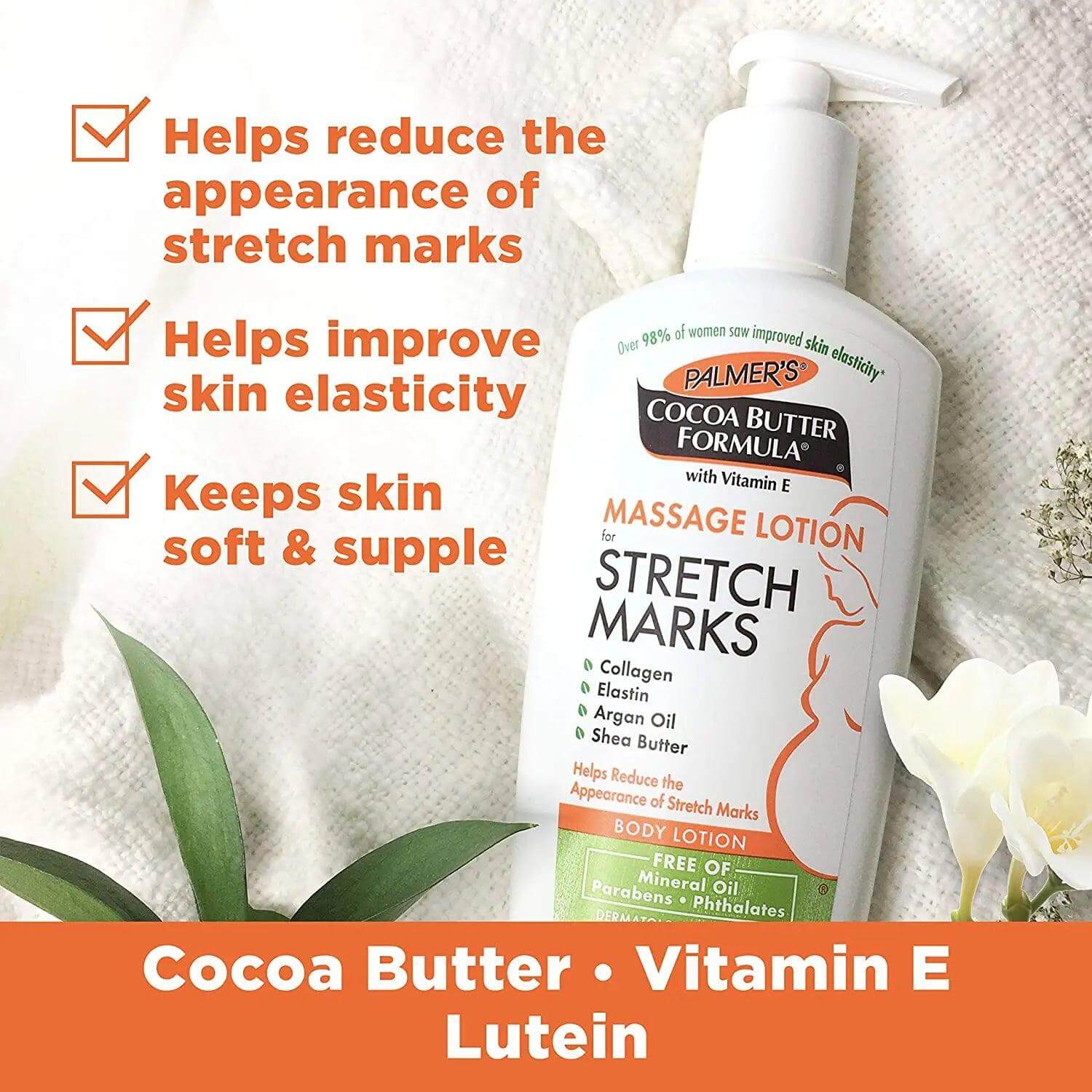 Palmer's Cocoa Butter Stretch Mark Lotion 250ml, promotes elasticity, softens skin, and reduces stretch marks.