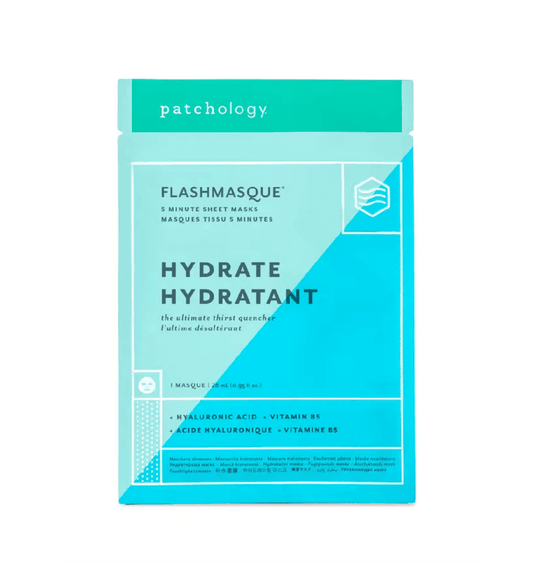 Patchology FlashMasque Hydrate Sheet Mask packaging designed for quick hydration with hyaluronic acid and vitamin B5.