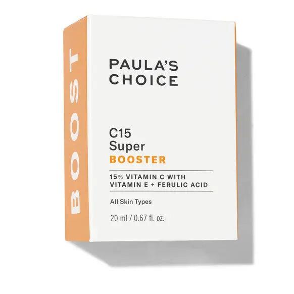 Paula's Choice C15 Super Booster 20ml box featuring 15% vitamin C for brightening and revitalizing skin.