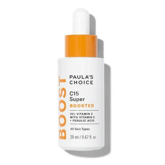 Paula's Choice C15 Super Booster 20ml bottle with dropper for youthful, bright skin, containing vitamin C, E, and ferulic acid.