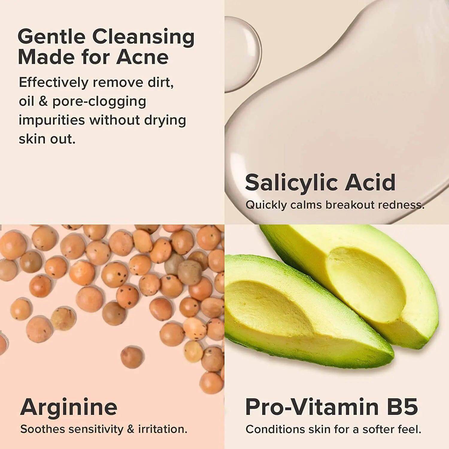 Paula's Choice Clear Cleanser ingredients: Salicylic Acid, Arginine, Pro-Vitamin B5 for gentle acne care.