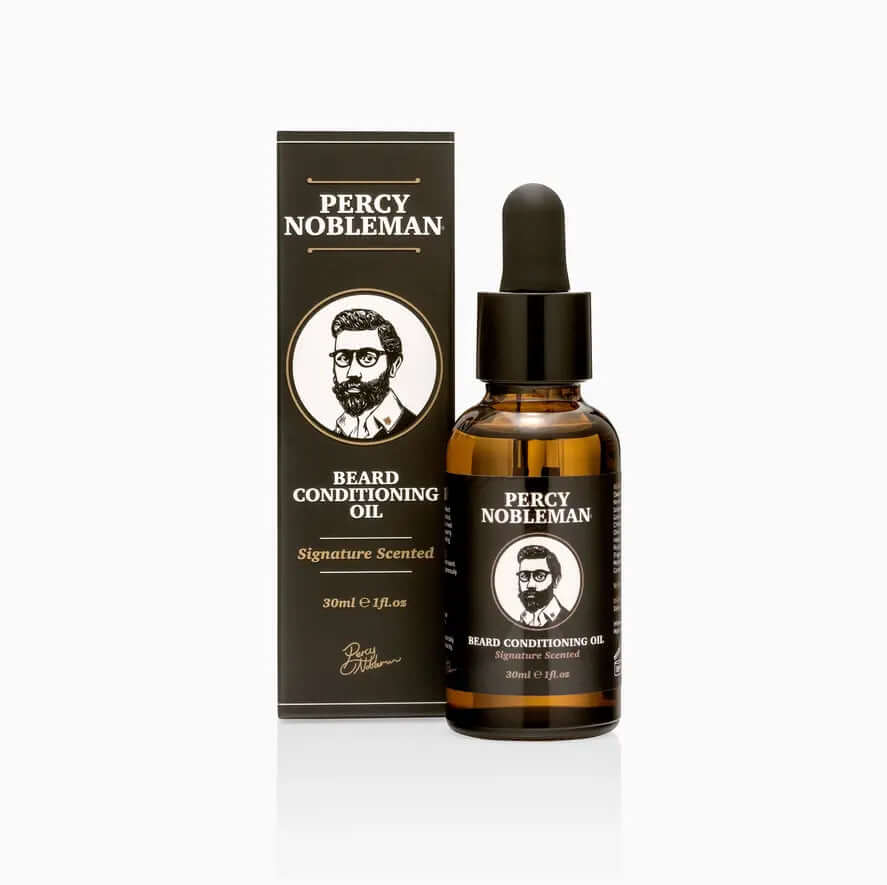 Percy Nobleman Signature Beard Oil 30ml with packaging, for a silky finish and beard itch relief.