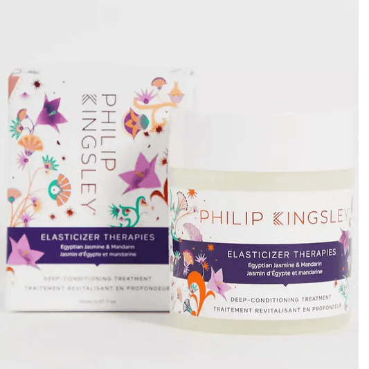Philip Kingsley Elasticizer Therapies Egyptian Jasmine & Mandarin 150ml deep-conditioning treatment jar and packaging.