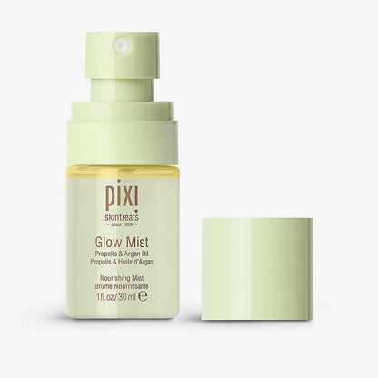 PIXI Glow Mist 30ml bottle with spray, enriched with natural oils for a dewy complexion and makeup setting.