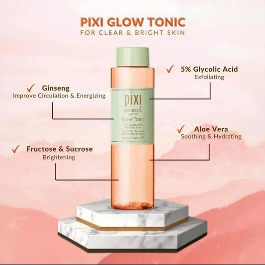 Pixi Glow Tonic 250ml features exfoliating Glycolic Acid, Ginseng, and Aloe Vera for clear and bright skin.