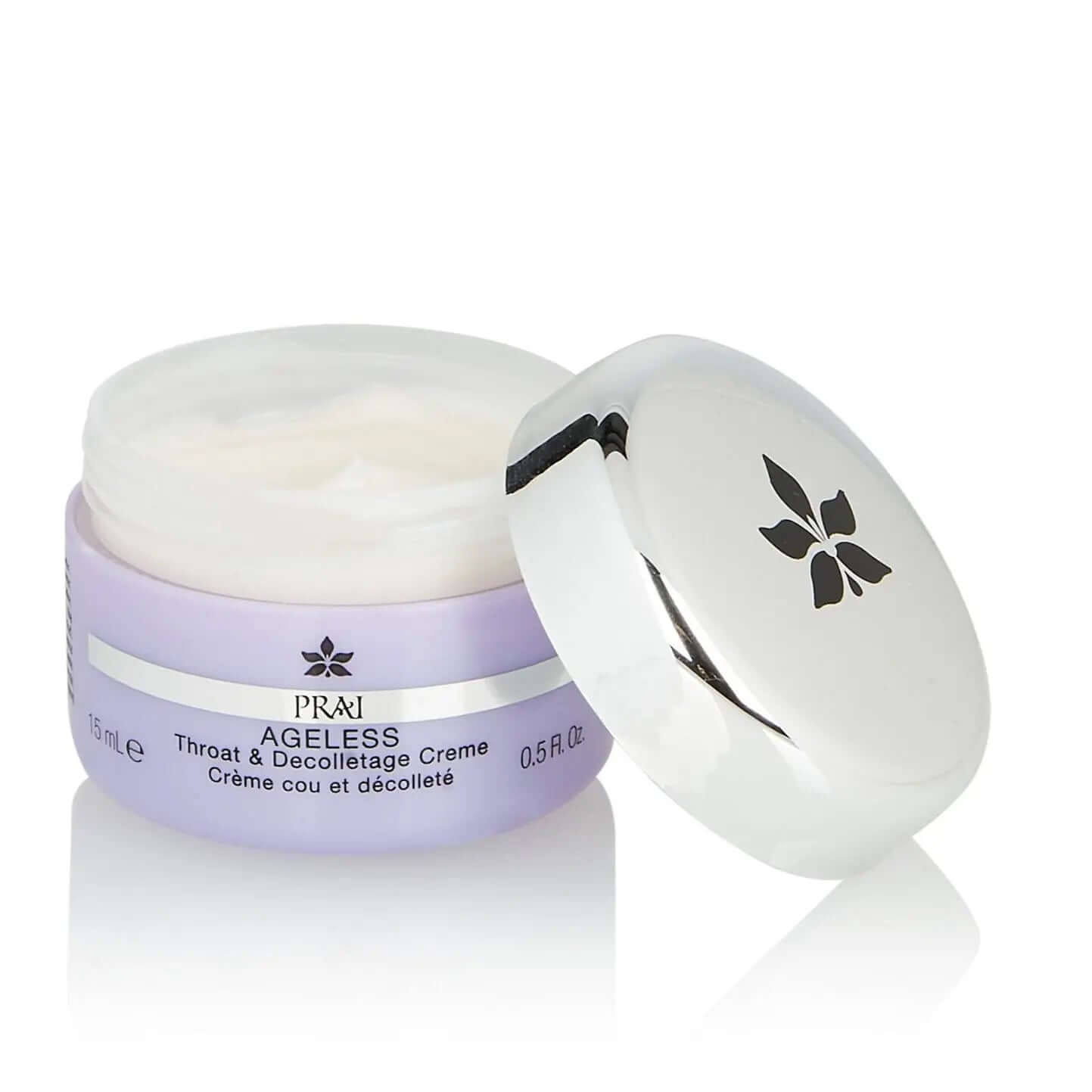 PRAI Ageless Throat & Decolletage Creme 15ml in jar with lid, promotes firmer, younger-looking neck and decolletage.