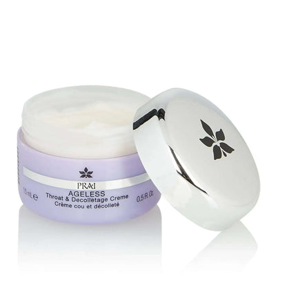 PRAI Ageless Throat & Decolletage Creme 15ml in jar with lid, promotes firmer, younger-looking neck and decolletage.
