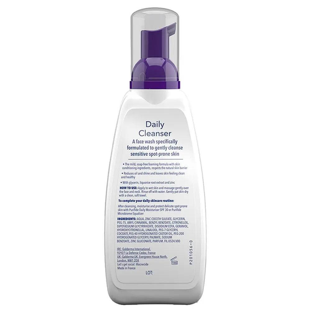 Purifide by Acnecide Daily Cleanser 235ml bottle with instructions for sensitive, blemish-prone skin care.