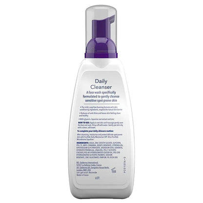 Purifide by Acnecide Daily Cleanser 235ml bottle with instructions for sensitive, blemish-prone skin care.