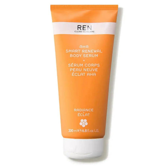 Ren Clean Skincare AHA Smart Renewal Body Serum 200ml tube for improved skin texture and hydration.