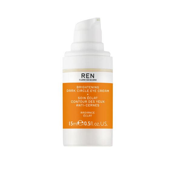 Ren Clean Skincare Brightening Dark Circle Eye Cream 15ml in a sleek white and orange bottle, designed to refresh tired eyes.