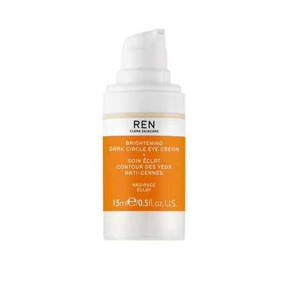 Ren Clean Skincare Brightening Dark Circle Eye Cream 15ml in a sleek white and orange bottle, designed to refresh tired eyes.