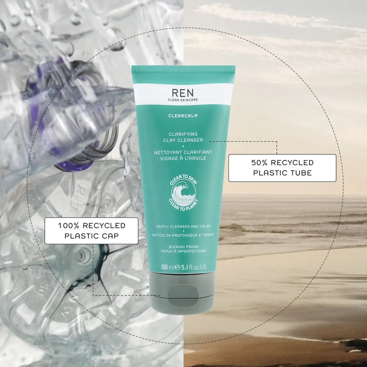 REN Clean Skincare Clarifying Clay Cleanser 150ml in eco-friendly packaging with recycled materials.