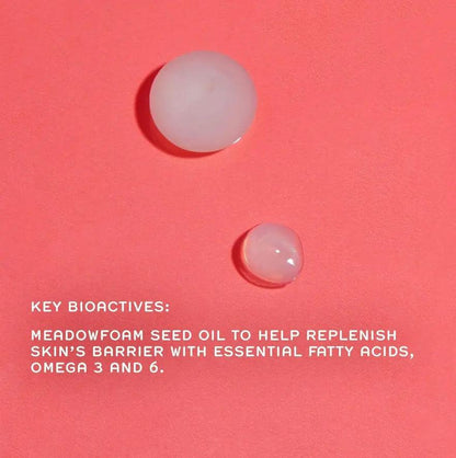 Ren Meadowfoam seed oil droplets on a pink background to highlight skincare bioactives for skin barrier support.