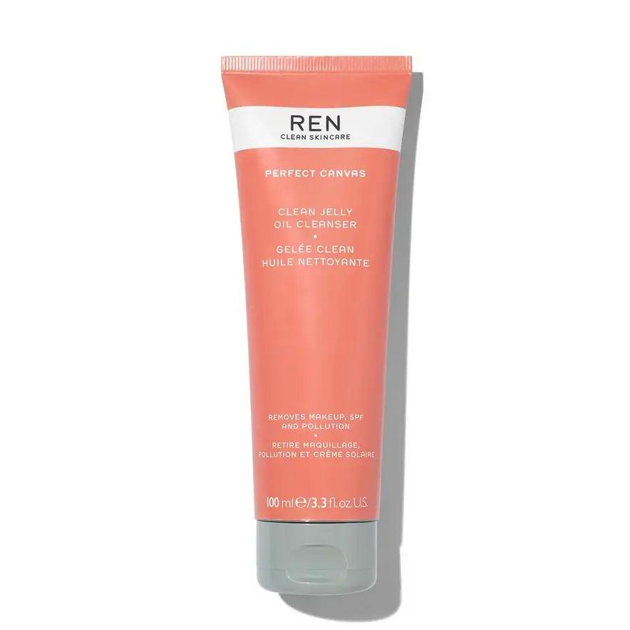 REN Clean Skincare Perfect Canvas Clean Jelly Oil Cleanser 100ml in a soft coral tube for gentle makeup removal.