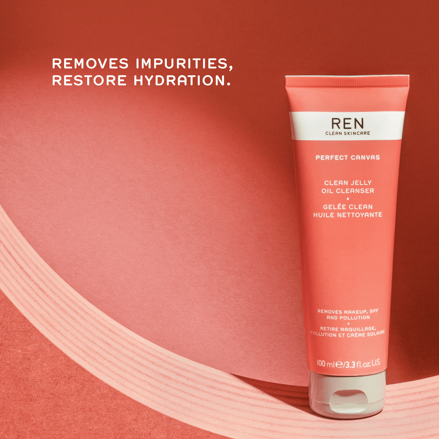 Ren Clean Skincare Perfect Canvas Clean Jelly Oil Cleanser 100ml packaging, removes impurities and hydrates skin.