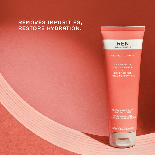 Ren Clean Skincare Perfect Canvas Clean Jelly Oil Cleanser 100ml packaging, removes impurities and hydrates skin.