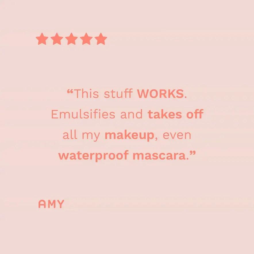 Customer review praising REN Clean Skincare Perfect Canvas Clean Jelly Oil Cleanser for removing waterproof makeup.