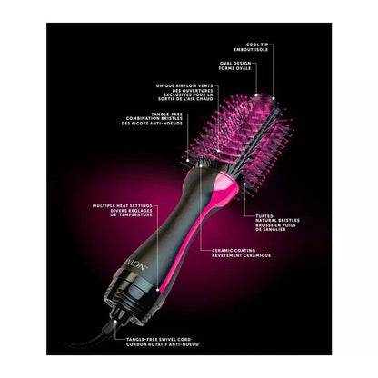 Revlon Pro Collection One Step Dryer & Volumiser features, including unique oval design and tangle-free swivel cord.