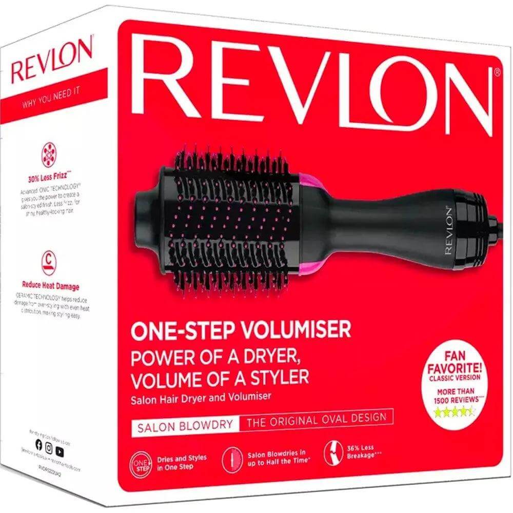 Revlon Pro Collection One Step Dryer & Volumiser packaging showcasing the powerful 2-in-1 styling tool for smooth, voluminous hair.
