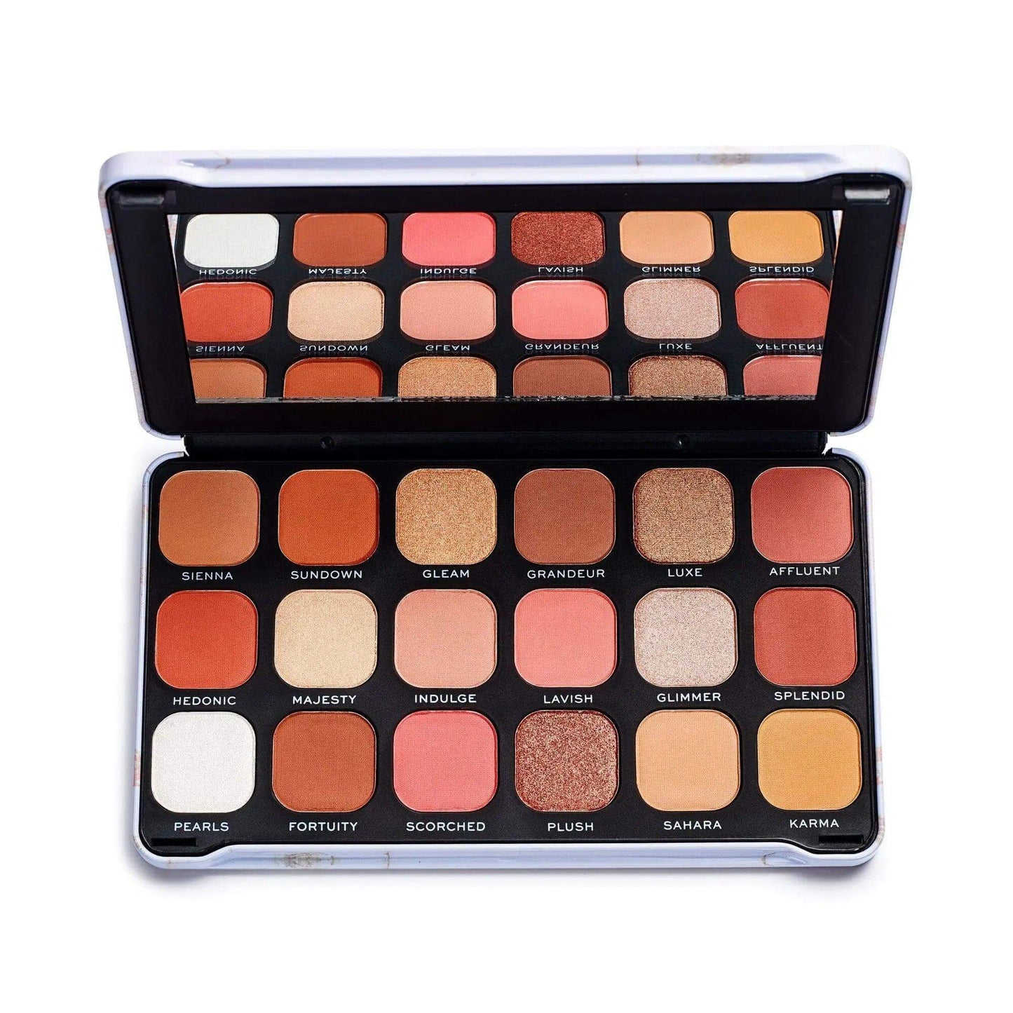 Revolution Forever Flawless Decadent Eyeshadow Palette with 18 rich matte and shimmer shades in a sleek design.