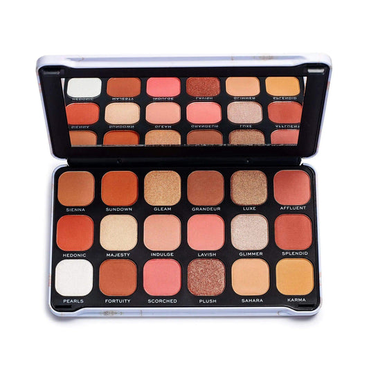 Revolution Forever Flawless Decadent Eyeshadow Palette with 18 rich matte and shimmer shades in a sleek design.