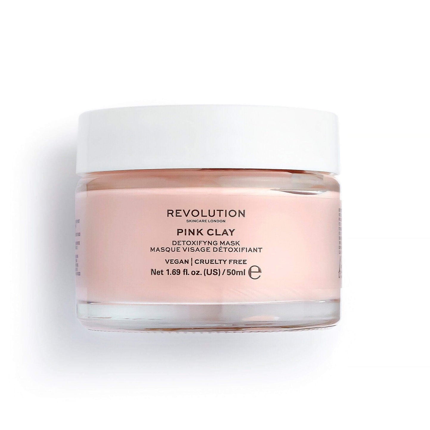Revolution Skincare Pink Clay Detoxifying Face Mask 50ml jar, vegan and cruelty-free, ideal for congested pores and impurities.
