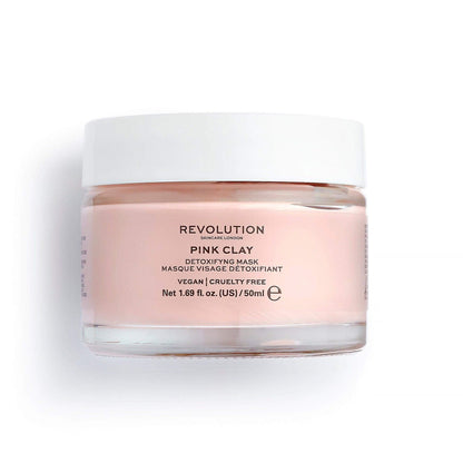 Revolution Skincare Pink Clay Detoxifying Face Mask 50ml jar, vegan and cruelty-free, ideal for congested pores and impurities.