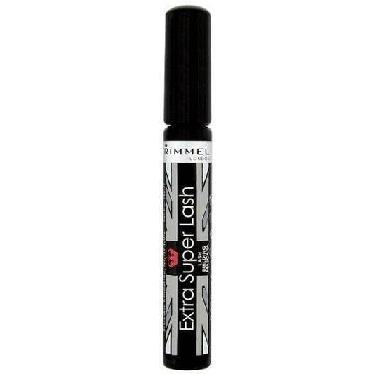 Rimmel London Extra Super Lash Lengthening Mascara in black, for buildable volume and lash definition, suitable for sensitive eyes.